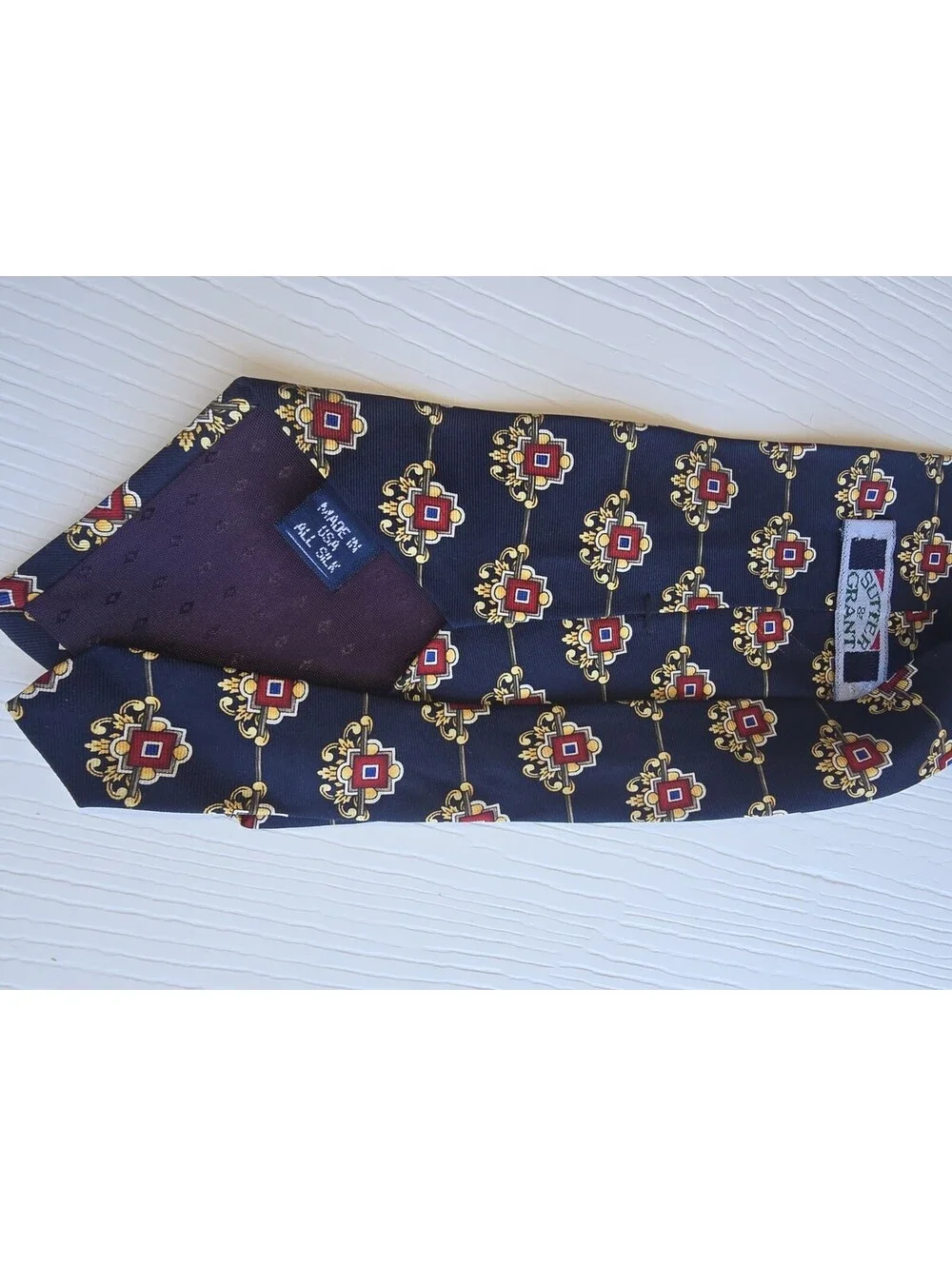 Vintage Italy Silk Necktie Navy Red Gold Geometric Medallion Wide Tie